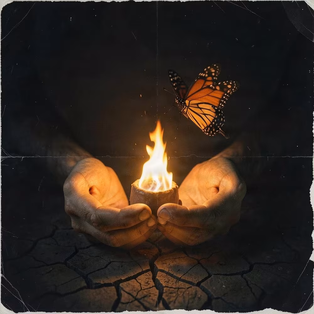 Descent Protocol cover: two cupped hands holding an ember, a monarch butterfly lifting off